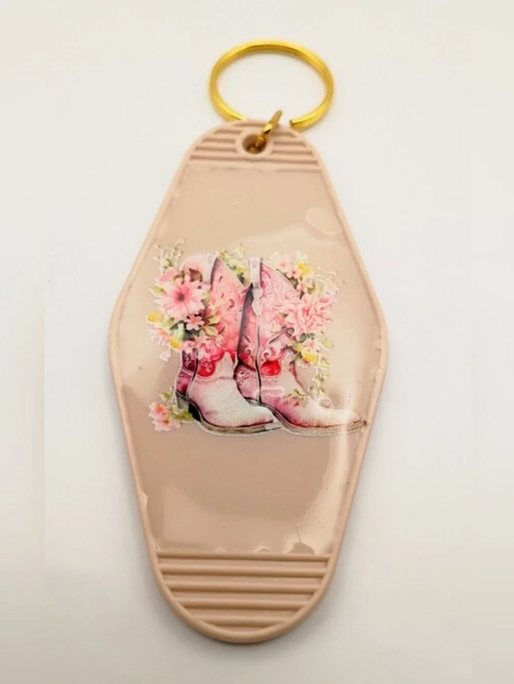 Khaki Floral Cowboy Boots Western Motel Retro Style Keychain